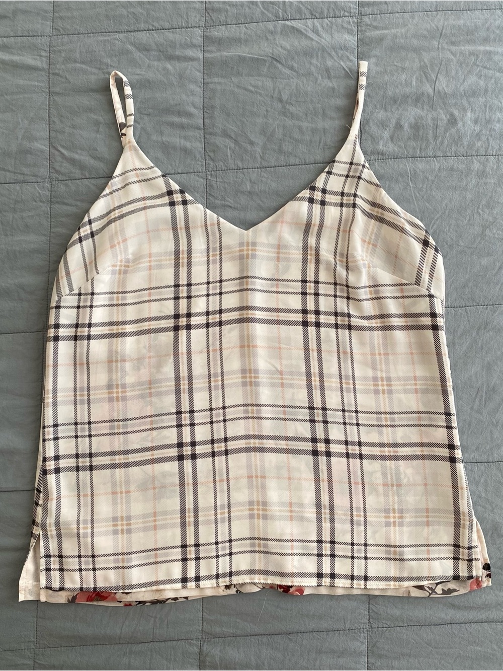 White House Black Market Cream Plaid Reversible V-Neck Camisole
